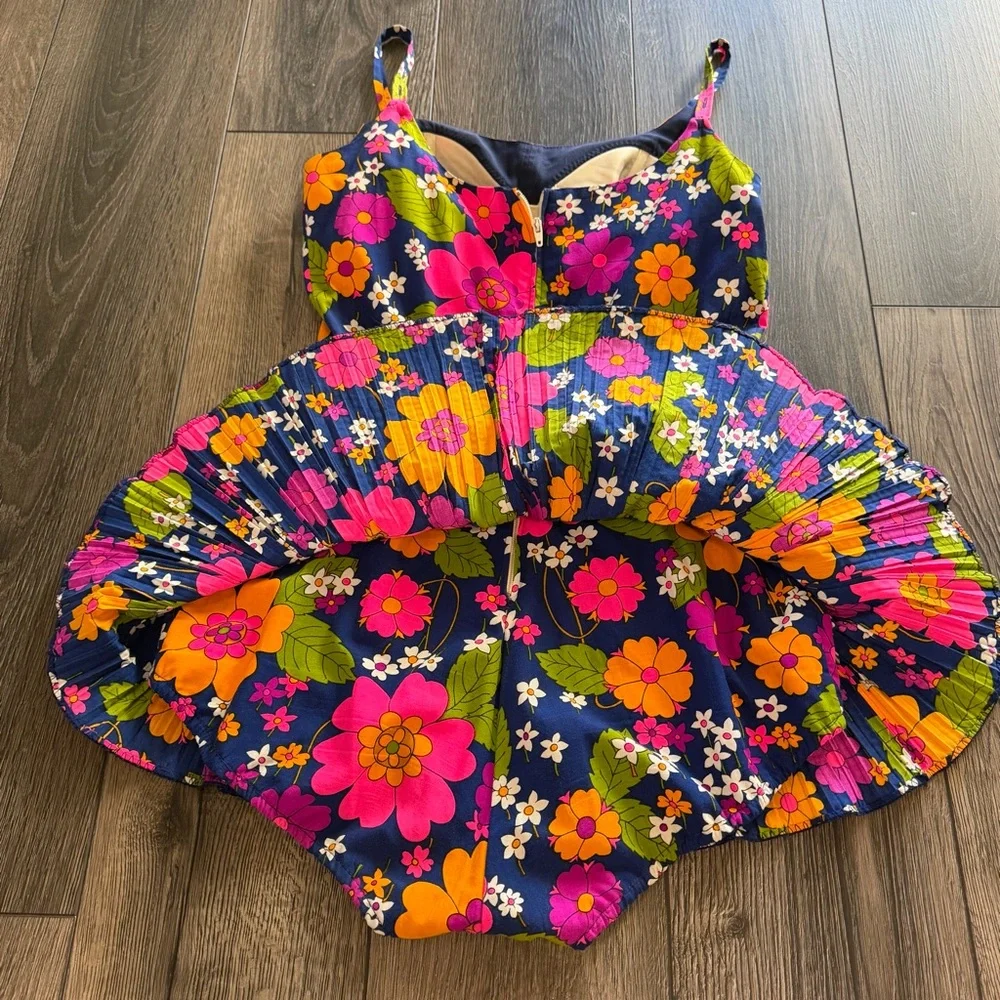 Sandcastle Vintage Floral Pleated Swim Dress Navy Pink Size 10 Retro Mod - Picture 7 of 16